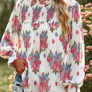 Floral Smoked Long Sleeve Peasant Top